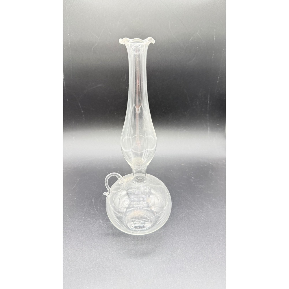 Vintage Hand Blown Clear Glass Bud Vase Ruffled Rim Oil Lamp Style Handle Ribbed